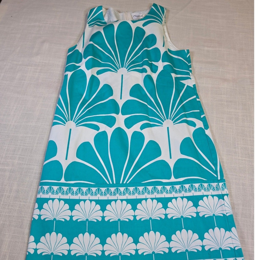 Maggy L Teal White Fan Print Shift Dress Mod Sleeveless Cotton Blend Size 10
